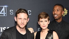 Los protagonistas Jamie Bell, Kate Mara, Michael B. Jordan y Miles Teller en la premier de "Fantastic Four" en la ciudad de Nueva York.