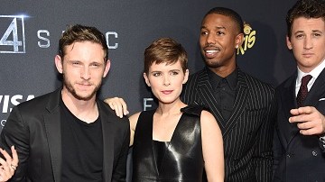 Los protagonistas Jamie Bell, Kate Mara, Michael B. Jordan y Miles Teller en la premier de "Fantastic Four" en la ciudad de Nueva York.
