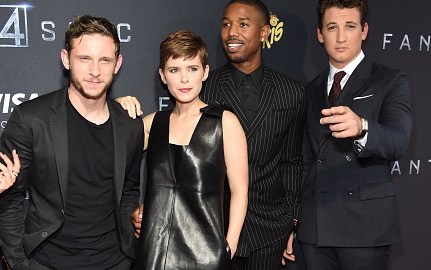 Los protagonistas Jamie Bell, Kate Mara, Michael B. Jordan y Miles Teller en la premier de "Fantastic Four" en la ciudad de Nueva York.