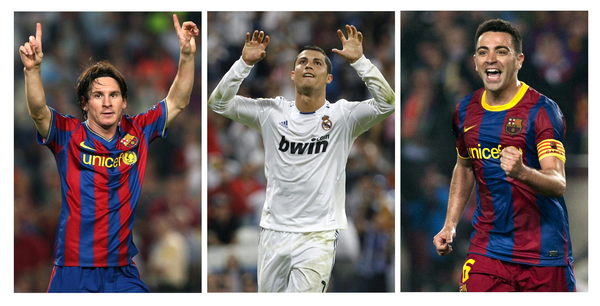 De izq. a der. Lionel Messi, Cristiano Ronaldo y Xavi Hernádez, candidatos a ganar el Balón de Oro.