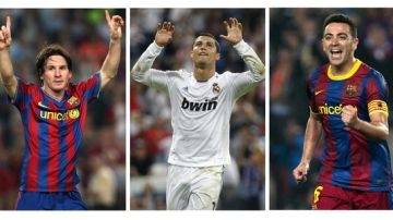 De izq. a der. Lionel Messi, Cristiano Ronaldo y Xavi Hernádez, candidatos a ganar el Balón de Oro.