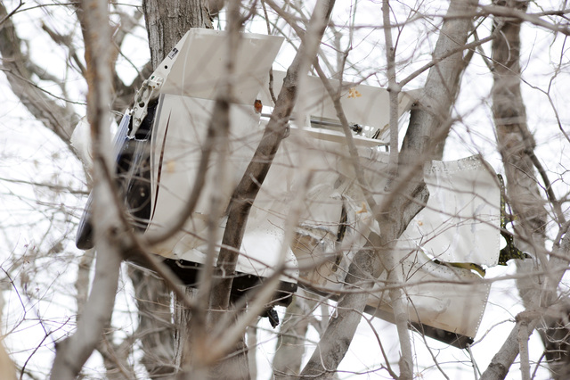 Una pieza de  la avioneta accidentada quedó atrapada entre los árboles.