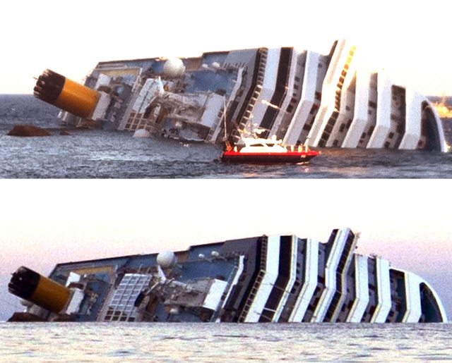 Fotos donde se evidencia el deslizamiento del  crucero Costa Concordia, semihundido en aguas de la isla italiana de Giglio.