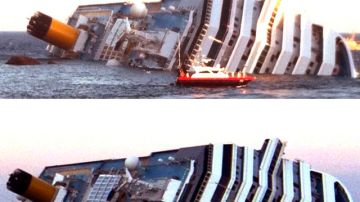 Fotos donde se evidencia el deslizamiento del  crucero Costa Concordia, semihundido en aguas de la isla italiana de Giglio.