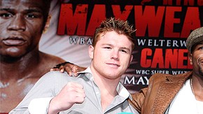 'Canelo' Álvarez, Floyd Mayweather, Miguel Cotto y Shane Mosley (izq. a der.) en la presentación de la pelea en Hollywood.