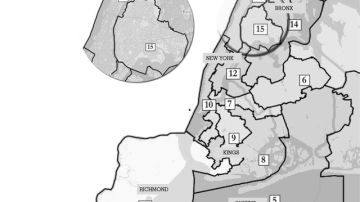 Borrador de los distritos congresionales propuestos para la ciudad de Nueva York. El distrito 12 está actualmente representado por Nydia Velázquez. El distrito 15 está comandado por el congresista Charles Rangel y el 16 por José Serrano.