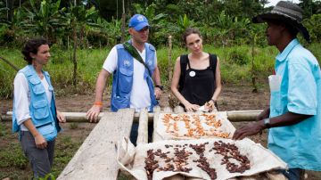 Angelina conversó con varios de los campesinos de la zona entre Ecuador y Colombia. En la foto la actriz aparece junto a Plinio (der.), un trabajador del campo que cultiva frijoles,  y a representantes de las Naciones Unidas.