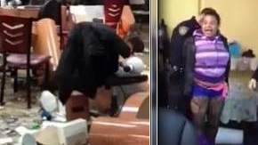 Imagen del video en que se ve a la mujer siendo arrestada luego de destrozar por completo el salón de belleza.