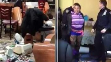 Imagen del video en que se ve a la mujer siendo arrestada luego de destrozar por completo el salón de belleza.