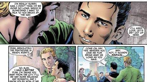 Página del segundo número del cómic "Earth 2", en el cual el superhéroe Linterna Verde aparece abiertamente gay.