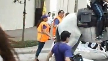Imagen de un video donde se aprecia a un agente de la policía montada de Houston desplazando con su caballo a un sindicalista del SEIU.