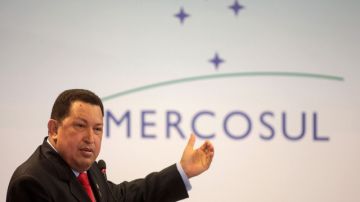 El presidente Hugo Chávez habla durante el congreso de  Mercosur realizado ayer.