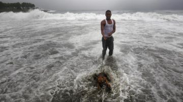 Un hombre pasea con su perro en el mar donde se registra fuerte oleaje por el paso de la tormenta tropical Ernesto ayer.