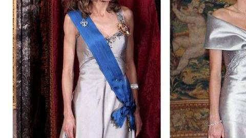La foto de la derecha doña Letizia posa en una foto de archivo realizada durante la cena de gala que los reyes ofrecieron en El Pardo con motivo de su boda con el príncipe Felipe, en la que muestra un traje gris perla del diseñador español Lorenzo Caprile, su modisto favorito para este tipo de actos; y en la de la izquierda con el mismo traje, reciclado para la cena de gala ofrecida en el Palacio Real en honor del expresidente de Francia, Nicolás Sarkozy, y de su esposa, Carla Bruni, en su primera visita de Estado a España el 27 de abril de 2009.