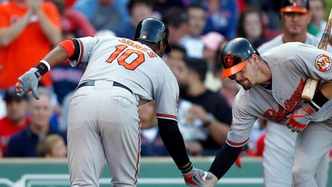 Adam Jones (10), de los Orioles, celebra su jonrón con su compañero Matt Wieters (d). Al final Baltimore ganó  a Boston.