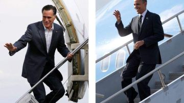 Mitt Romney (i), sube a un avión en Denver, Colorado, y el presidente Barack Obama baja de un avión en Tampa, Florida, durante una intensa campaña en estados competitivos, realizada por ambos durante septiembre.