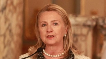 La secretaria de Estado de los EEUU, Hillary Clinton, ante la prensa en el Palacio de Gobierno en Lima (Perú), ayer.