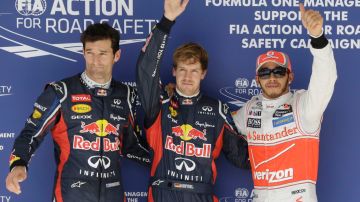 Así quedan los tres primeros lugares para la parrilla de salida en el Gran Premio de EE.UU. Vettel, Hamilton y Webber.