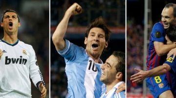 De izquierda a derecha Cristiano Ronaldo, Leo Messi y Andrés Iniesta, finalistas para la elección del Balón de Oro del 2012 que será concedido hoy en Suiza.