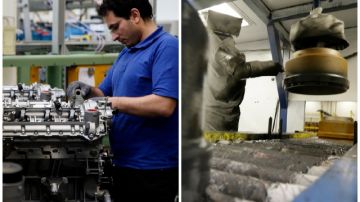 A la izquierda, un trabajor ensambla un motor en la factoría de la Mercedez Benz en Berlín. A la derecha, un robot pinta tambores de freno en  Webb Wheel Products en la planta donde antes se usaba mano de obra.
