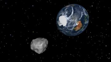 Imagen provista por la NASA que simula lo que ocurrirá con el asteroide DA14 2012.
