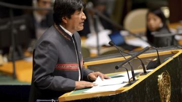 El presidente boliviano Evo Morales da un discurso hoy con motivo de la inauguración oficial del Año Internacional de la Quinua en la sede de la ONU en Nueva York.