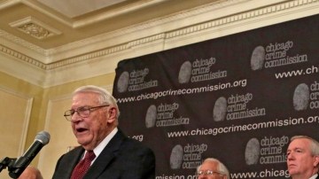 Al Bilek, Executive Vice President of the Chicago Crime Commission, left, accompanied by Peter Bensinger former Administrator of the United States Drug Enforcement Administration, and Jack Riley, right, Special Agent In Charge for the DEA Chicago Field office, announce that Joaquin ``El Chapo'' Guzman, a drug kingpin in Mexico, is Chicago's Public Enemy No. 1.  during a news conference Thursday, Feb. 14, 2013, in Chicago. It is first time since prohibition, when the label was  created for Al Capone, that anyone else has been designated Public Enemy No. 1. (AP Photo/M. Spencer Green)