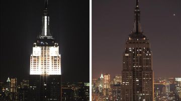 Combo de fotografías que muestra el edificio del Empire State en Nueva York, Nueva York, el pasado 27 de marzo de 2010, con las luces encendidas y apagadas, durante la "Hora del Planeta".