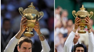 Tres ganadores:  Federer (izq), del Abierto de Francia;  Djokovic (c), en Wimbledon; y  Nadal (d), el rey en Roland Garros.