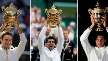 Tres ganadores:  Federer (izq), del Abierto de Francia;  Djokovic (c), en Wimbledon; y  Nadal (d), el rey en Roland Garros.