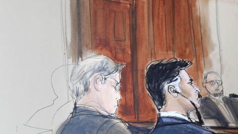 Recreación del proceso hoy en una corte de Manhattan. Portillo (derecha) no admitió culpa por las acusaciones de lavado de dinero que enfrenta.