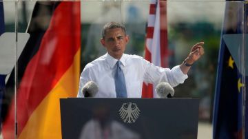 El presidente de EEUU, Barack Obama, durante su discurso ante la Puerta de Brandeburgo, en Berlín.