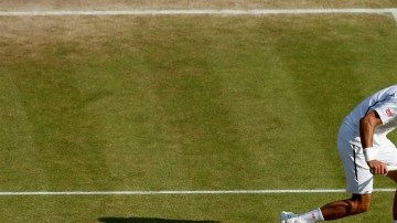 El serbio Novak Djokovic (de frente),  venció al argentino Juan Martin Del Potro en cinco sets para avanzar a la final de Wimbledon.