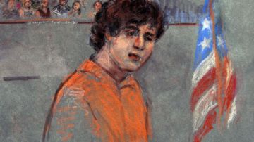 Retrato realizado en el tribunal sobre el acusado, Dzhojar Tsarnaev.