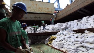 Un grupo de trabajadores desvela varios contenedores ocultos entre sacos de azúcar y que presumiblemente contienen material bélico, dentro del barco.
