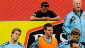 El entrenador de la selección española, Vicente Del Bosque (c-fondo), durante un entrenamiento