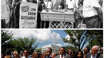 En las  fotos, se muestra el antes (1963)  y el hoy de manifestantes frente a Lincoln Memorial.   Martin Luther King III, arriba 3ro der.
