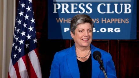 Homeland Security Secretary Janet Napolitano gives her farewell address at the National Press Club in Washington, Tuesday, Aug. 27, 2013. Napolitano said her agency's flexibility and agility have prepared it to respond to disasters and terror attacks alike. In her farewell speech before taking over the University of California system next month, Napolitano said the department's strengths allowed it to respond quickly and effectively to hundreds of disasters and the Boston Marathon bombing. (AP Photo/Carolyn Kaster)