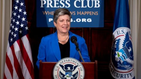 Homeland Security Secretary Janet Napolitano gives her farewell address at the National Press Club in Washington, Tuesday, Aug. 27, 2013. Napolitano said her agency's flexibility and agility have prepared it to respond to disasters and terror attacks alike. In her farewell speech before taking over the University of California system next month, Napolitano said the department's strengths allowed it to respond quickly and effectively to hundreds of disasters and the Boston Marathon bombing. (AP Photo/Carolyn Kaster)