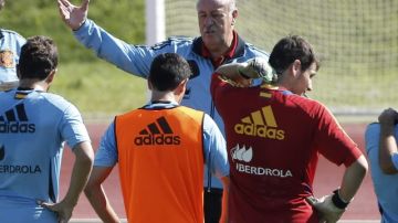 El técnico de España, Vicente del Bosque, da instrucciones a sus jugadores   antes del juego contra la selección de Finlandia.
