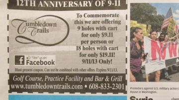 Anuncio publicitario del campo de golf publicado en un periódico de Wisconsin, en cual se hace la oferta usando la fecha del 9/11.