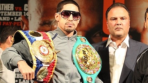Danny García (i) y Lucas Mathysse durante sus sesiones de presentación en el Media Center del MGM en Las Vegas, Nevada.