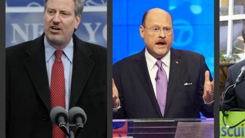 De izquierda a derecha: Bill de Blasio, Joe Lhota y Adolfo Carrión.