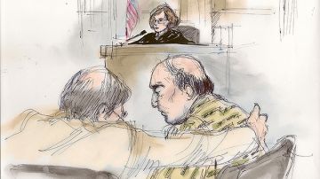 Dibujo del momento en que Nakoula Basseley Nakoula consulta con su abogado durante juicio.