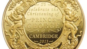 Moneda de oro con la cual se conmemora el bautizo del príncipe George.