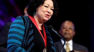 Supreme Court Justice Sonia Sotomayor addresses an audience after being awarded with the W.E.B. Du Bois Medal during an award ceremony at Harvard University, in Cambridge, Mass., Wednesday, Oct. 2, 2013. Harvard has awarded the medal since 2000 to people whose work has contributed to African and African-American culture. Six people were recipients of the award for 2013. (AP Photo/Steven Senne)
