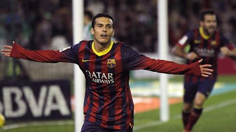 Pedro Rodríguez celebra el segundo gol del Barcelona en su triunfo ante Betis.