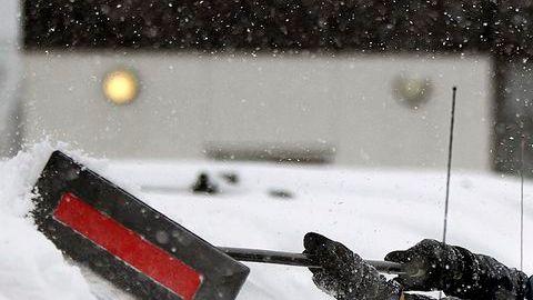 Hombres limpian autos que quedaron sepultados bajo la nieve en Brooklyn Center, en Minnesota.