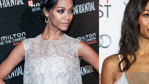 Zoe Saldaña en la izquierda con su pecho natural y en la derecha con el busto añadido de Kim Kardashian. ¿Cómo le queda mejor?