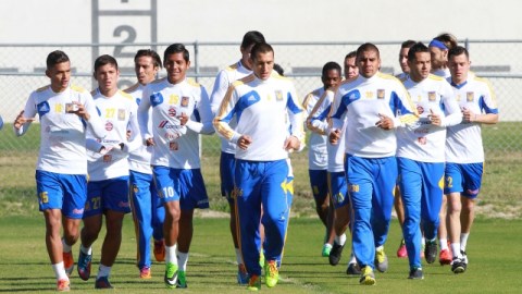 Los jugadores de Tigres trotan en su práctica de ayer de cara a su encuentro del sábado contra Rayados de Monterrey.